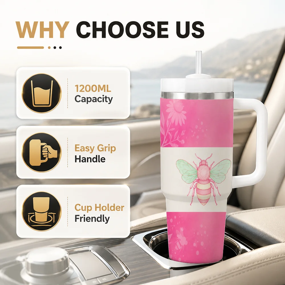 Pink Insect Cute Girls Vintage Art Vacuum Flasks 40oz Leakproof Steel Tumbler w/ Lid Straw Handle Hot Cold Drinks