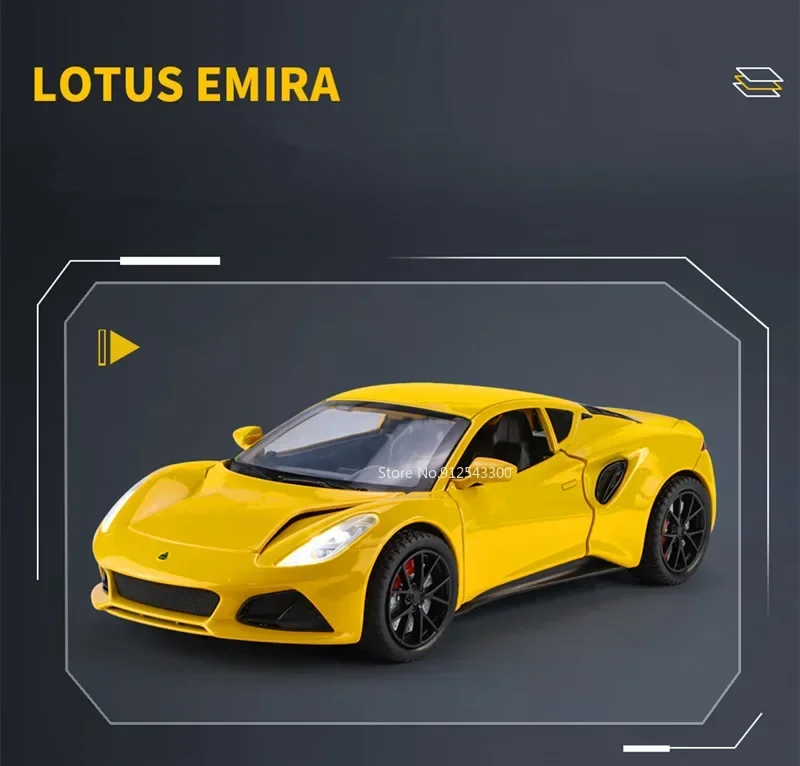 Lotus Emira-Brinquedo modelo de carro com som e luz, liga diecast, modelo pull back, coleção, presentes de aniversário para meninos, escala 1:24