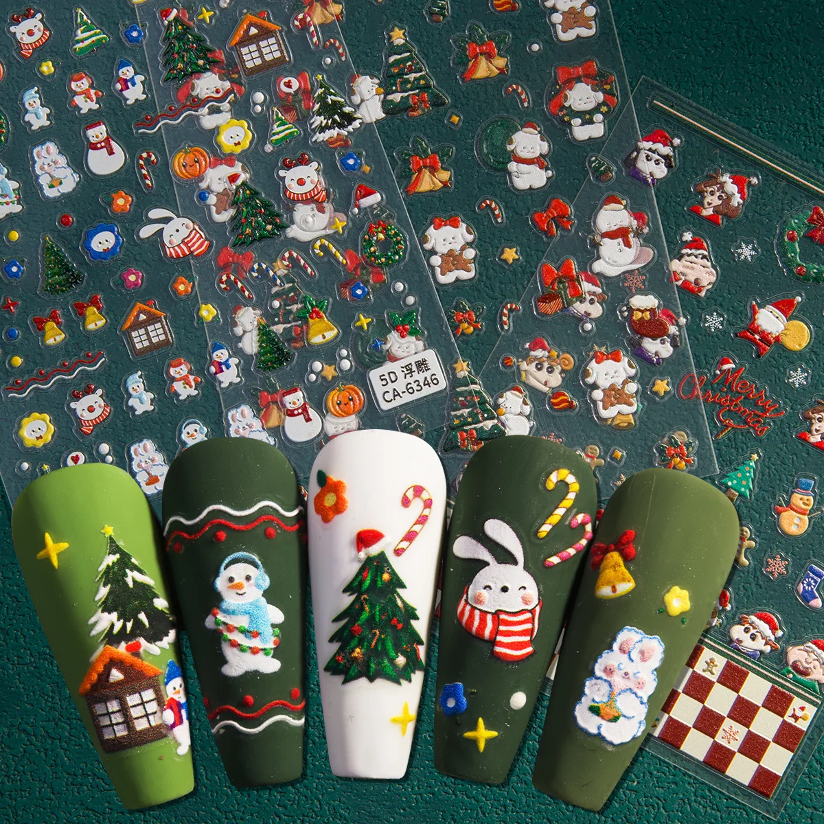 5D Christmas Santa Claus Nail Art Stickers Elk Snowy Tree Snowman Small Bells Nail Decals Winter New Year Manicure Decor