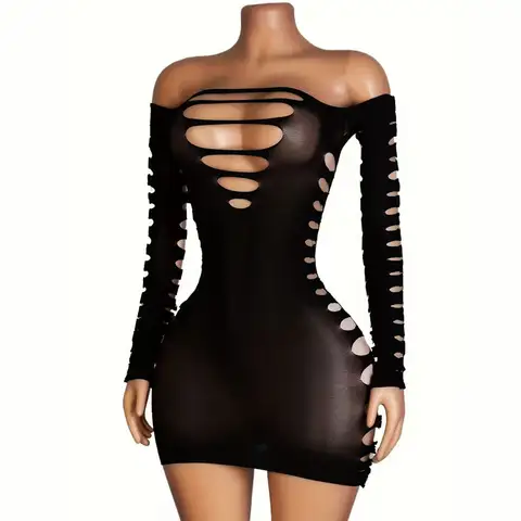 Long Sleeves Sexy Lingerie Dress Hollow Mesh Hip Skirt Short Hot Sexy Clothes Woman