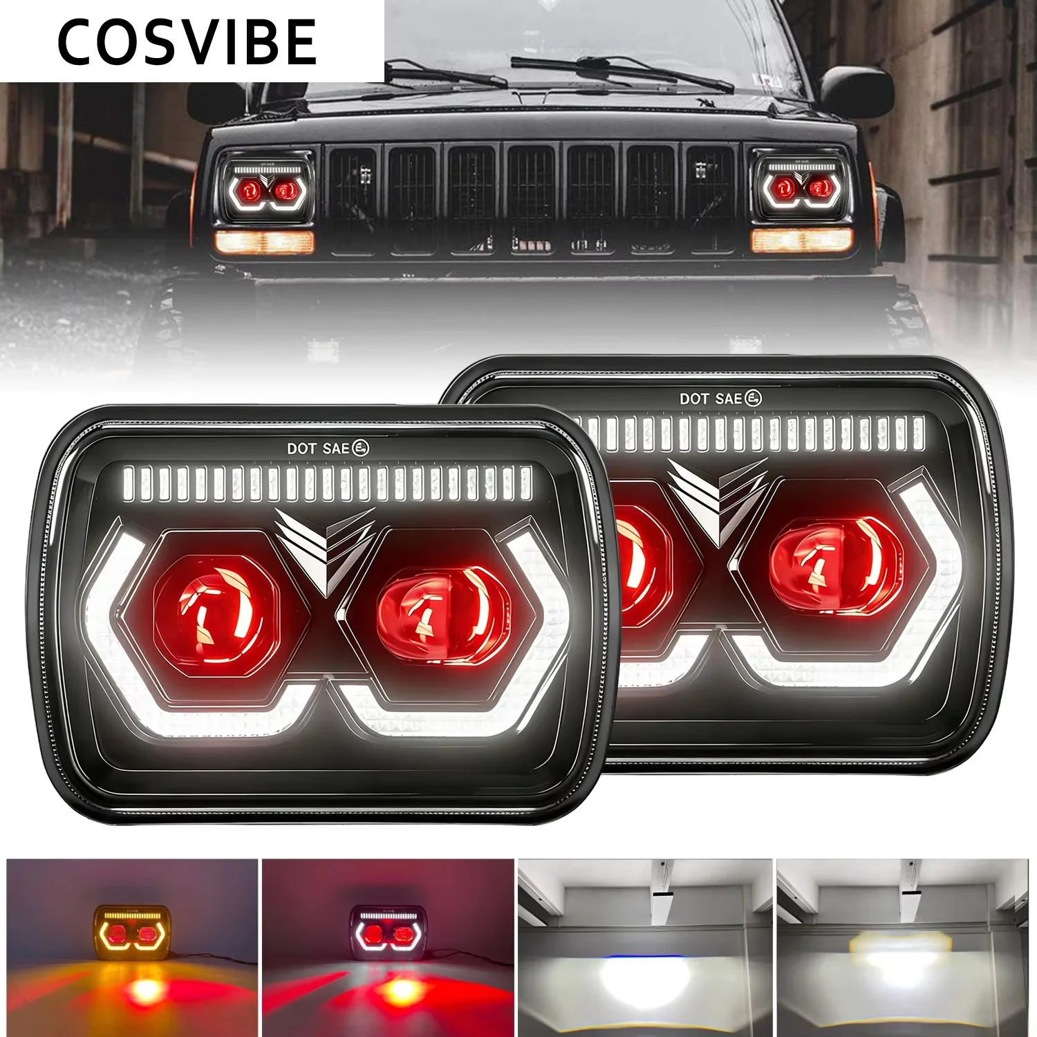 COSVIBE 5x7 7x6 LED Headlight H4 Hi/Lo Beam DRL Turn Signal Waterproof IP67 For Jeep Truck SUV Motorcycle Universal