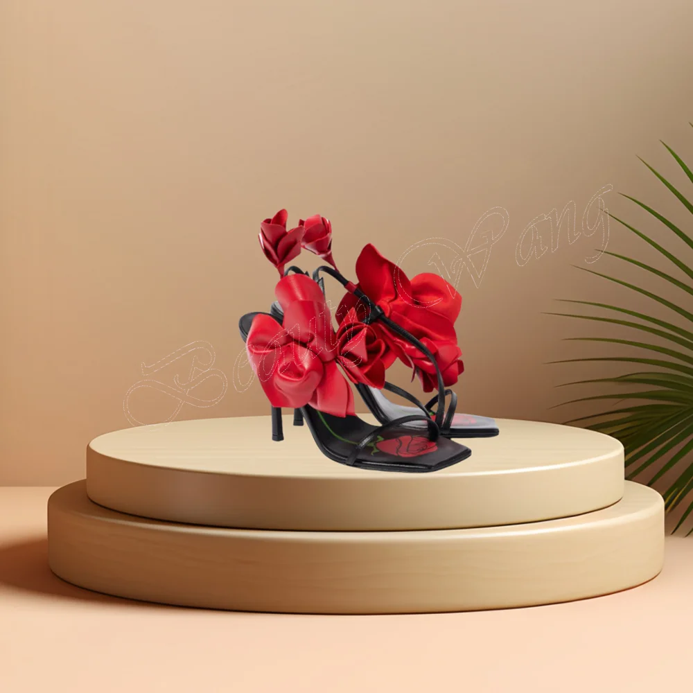 

Red Flower Decor Black Sandals Cut Heel Strange Style Shoes Stilettos High Heel Shoes for Women Shoes 2024 Zapatos Para Mujere