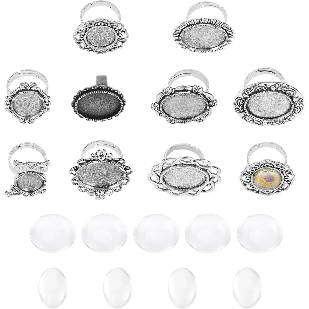 1 Bag 18Pcs 18mm 20mm Adjustable Blank Cabochon Ring Settings Finger Ring Making Kits with 2 Shape Glass Cabochons for Beginners