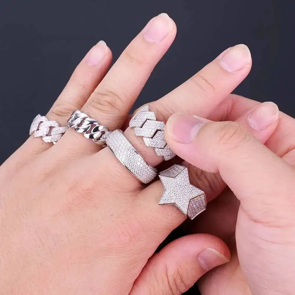 

Ready Stock Wholesale Men's Jewelry 925 Sterling Silver Fully Iced Out VVS Moissanite Diamond Hip Hop Rings for Men