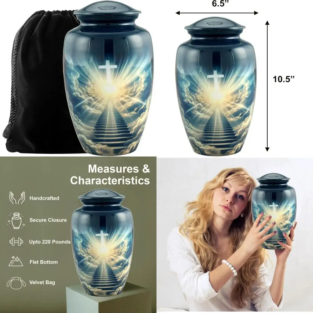 

Урна для бархатных мешков с пеплом для взрослых, декоративная мемориальная урна для неба 200 фунтов, крестовый дизайн 10,5