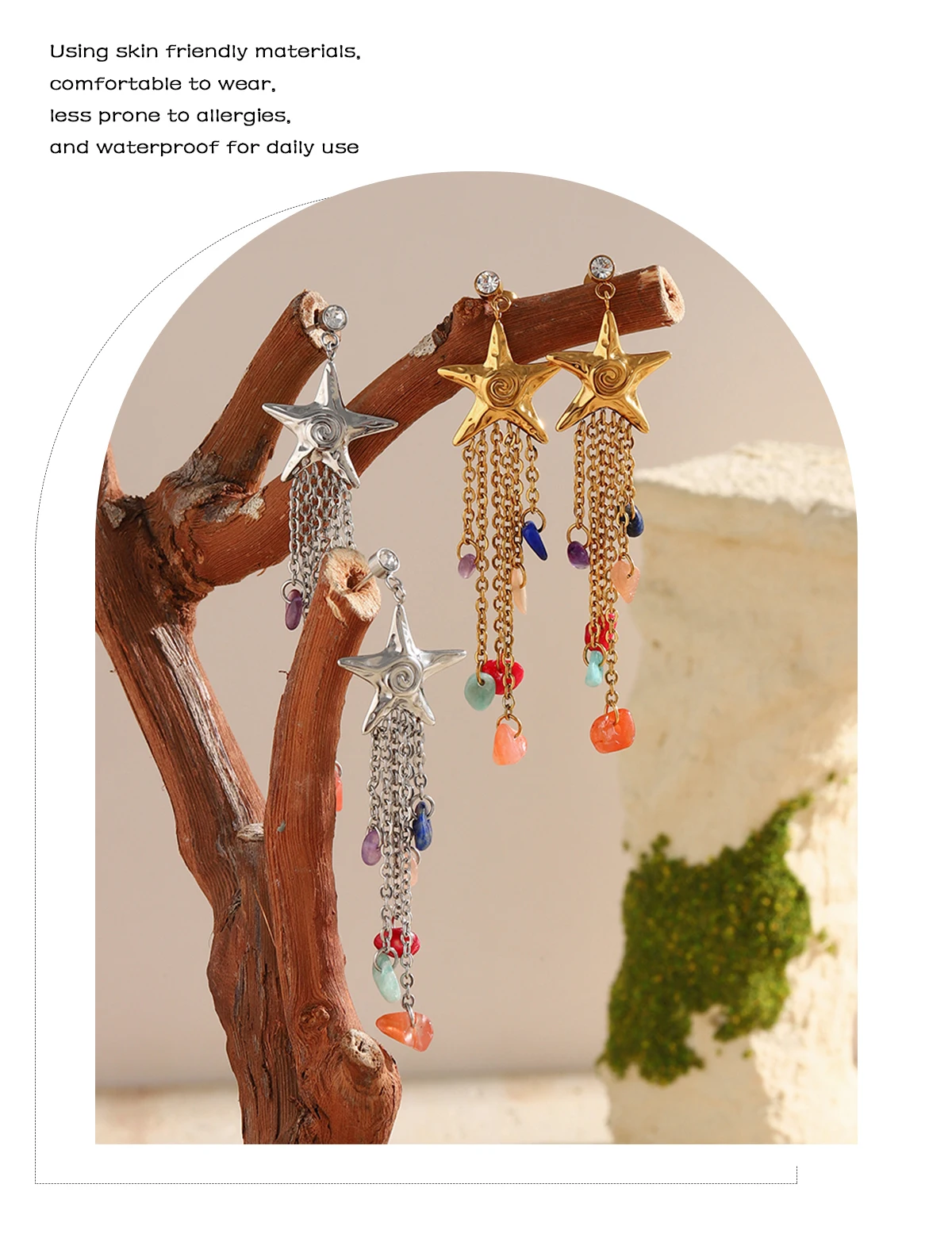 E.B.belle Minimalistische Strukturierte Stern-Ohrstecker mit Bunten Quasten, Hypoallergene 18K Vergoldete Ohrringe, Sommer-Modeschmuck – Detail 5
