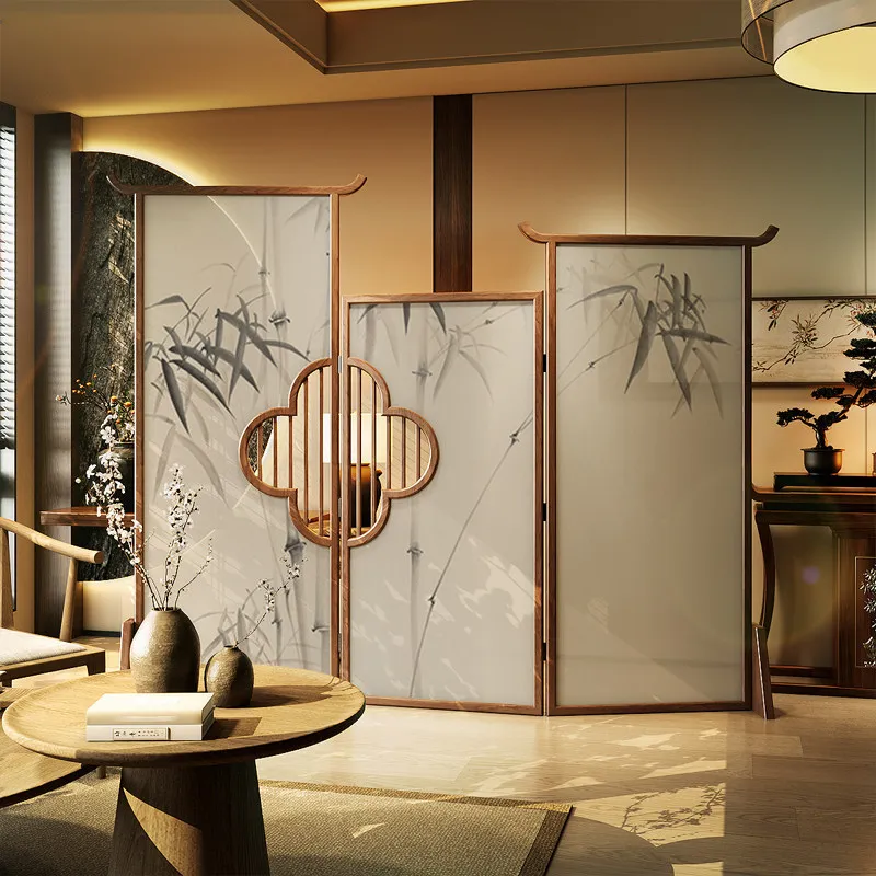 New Chinese-style screen partition Zen bamboo entry porch blocking foldable living room background tea room office decoration
