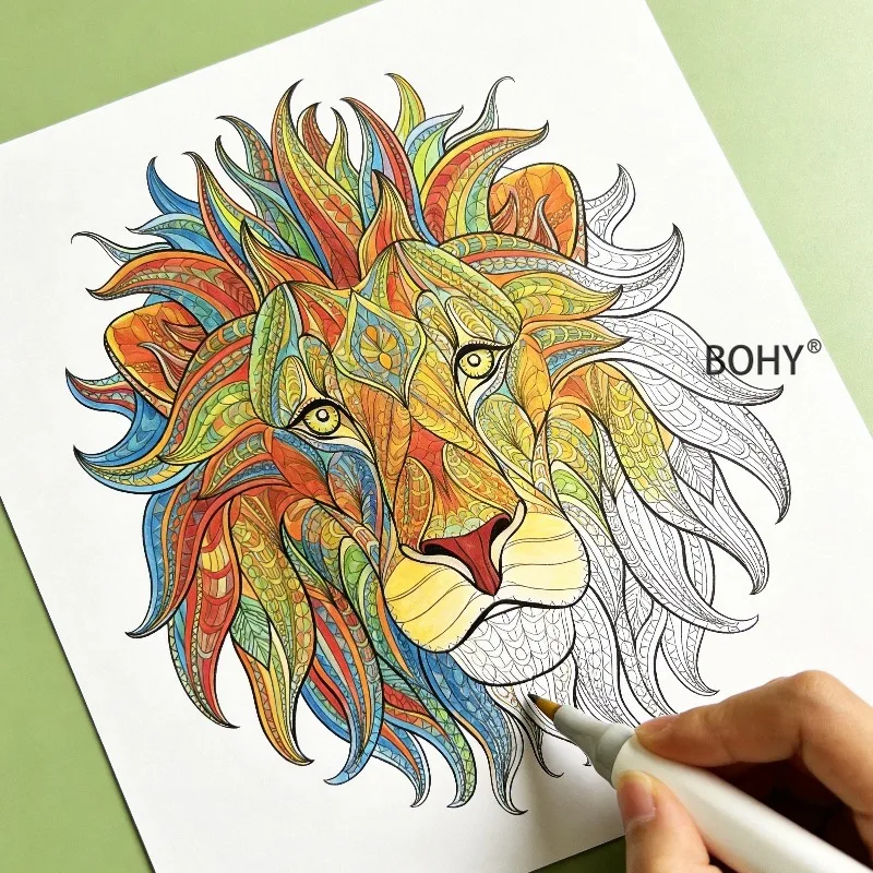 A 12 Page Adult Decompression and Coloring Book, Include Creative Themed Sketches As Animal Portraits of Wild Beasts and Mandala