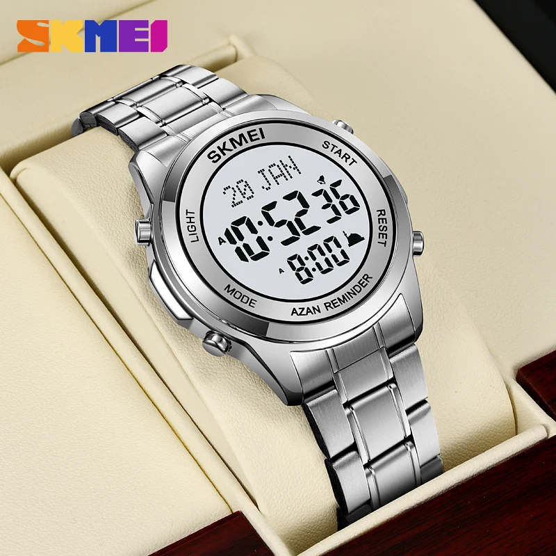 SKMEI 2097 Azam Digital Watch for Man Qibla Name Display Pilgrimage Time Reminder Stainless Steel Wristwatches