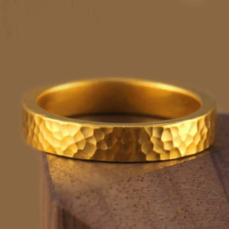 Special-Interest Design Ancient Hammer Pattern Copy 100% Gold 24K 999 Ring Gold Pigment Ring for Men and Women Couple Ring Gift