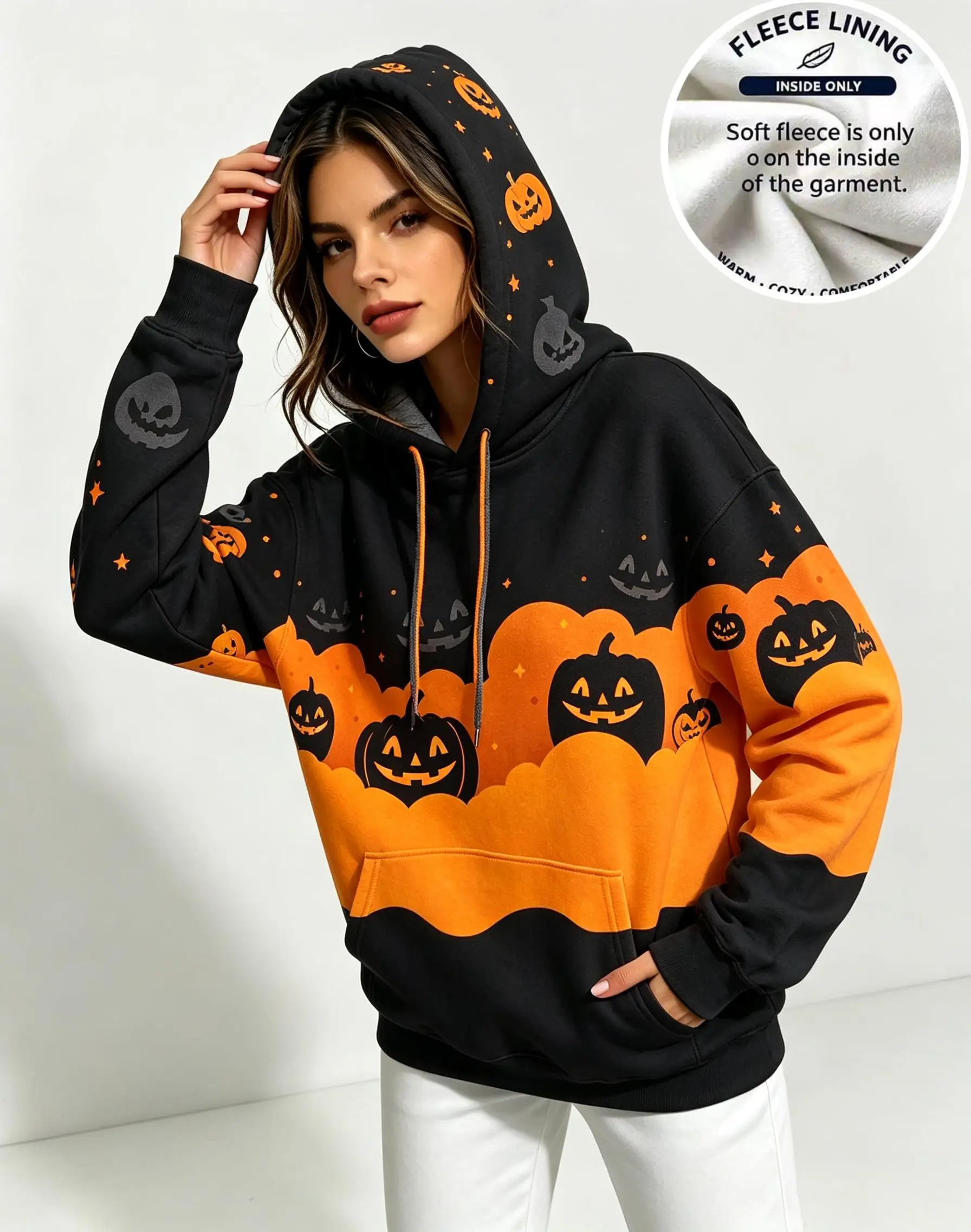 Women Halloween Gradient Color Jack-O-Lantern Bat Star Print Fleece Hoodie Dark Green Pocket Sweatshirt