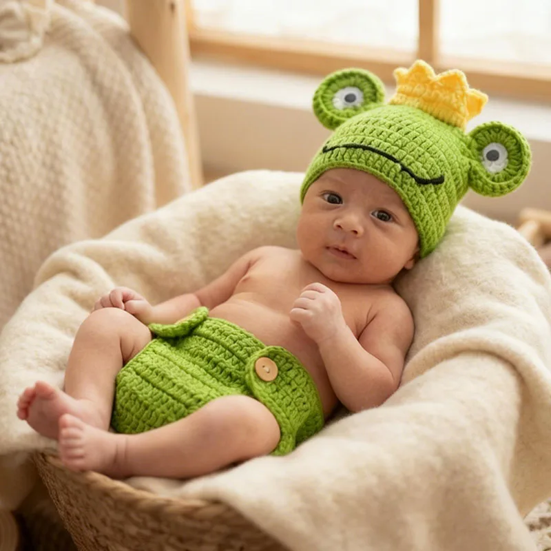 

2Pcs Newborn Photography Props Baby Frog Prince Costume Handmade Crochet Knitted Crown Hat Shorts Set Infant Photo Shoot Outfit