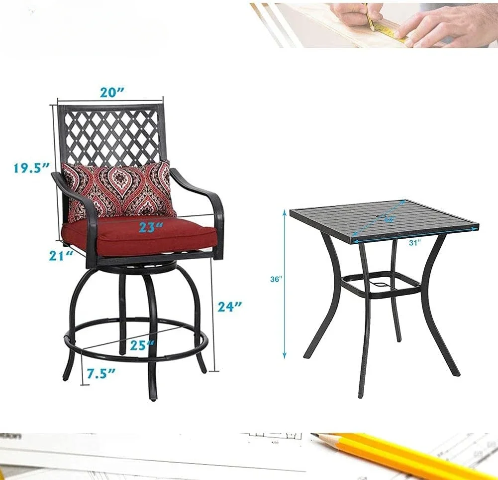 3pcs โลหะกลางแจ้งชุดบาร์ W/2 หมุน Cushioned สตูล & 31 "Square Patio Bar Table W/ร่มสําหรับ Backyard,Porches,สวน