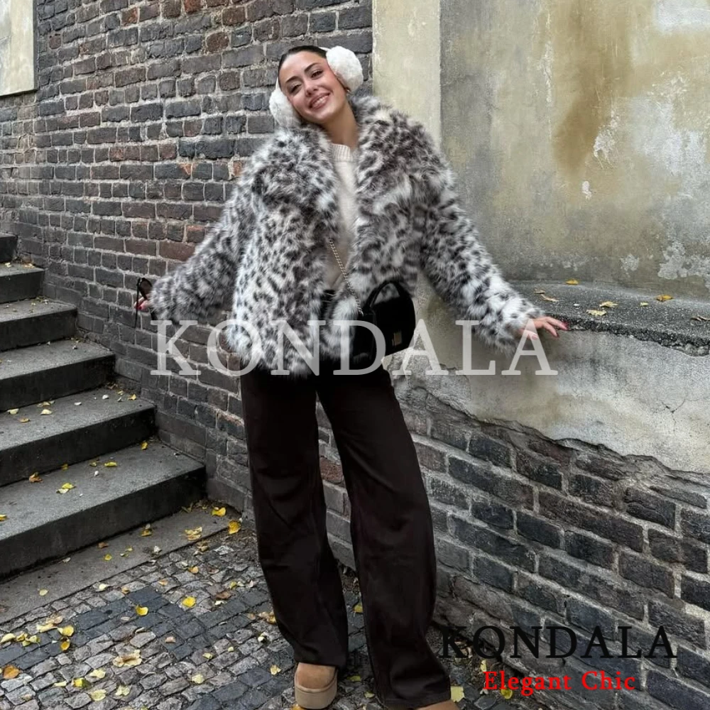 

KONDALA Women Leopard Print Faux Fur Coat Lapel Faux Fur Jacket 2025 Fall Winter High Street Fashion Party Elegant Female Coat