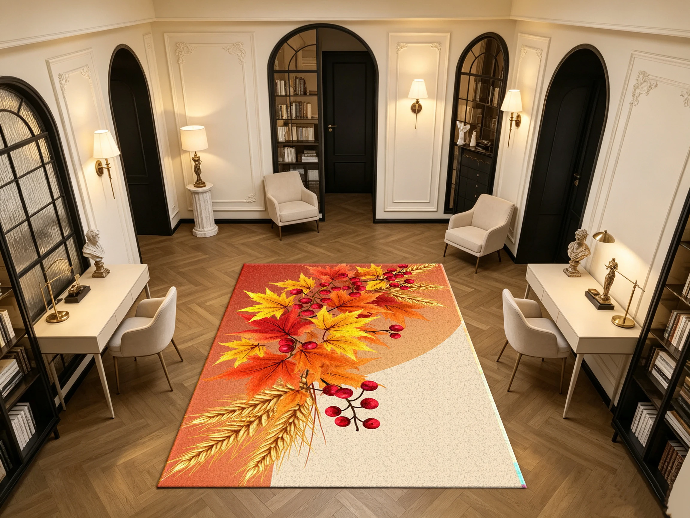 Autumn Maple Leaf Red Berry Wheat Harvest Carpet Flooring Fall Season Floral Household Indoor Decor Floor Rug