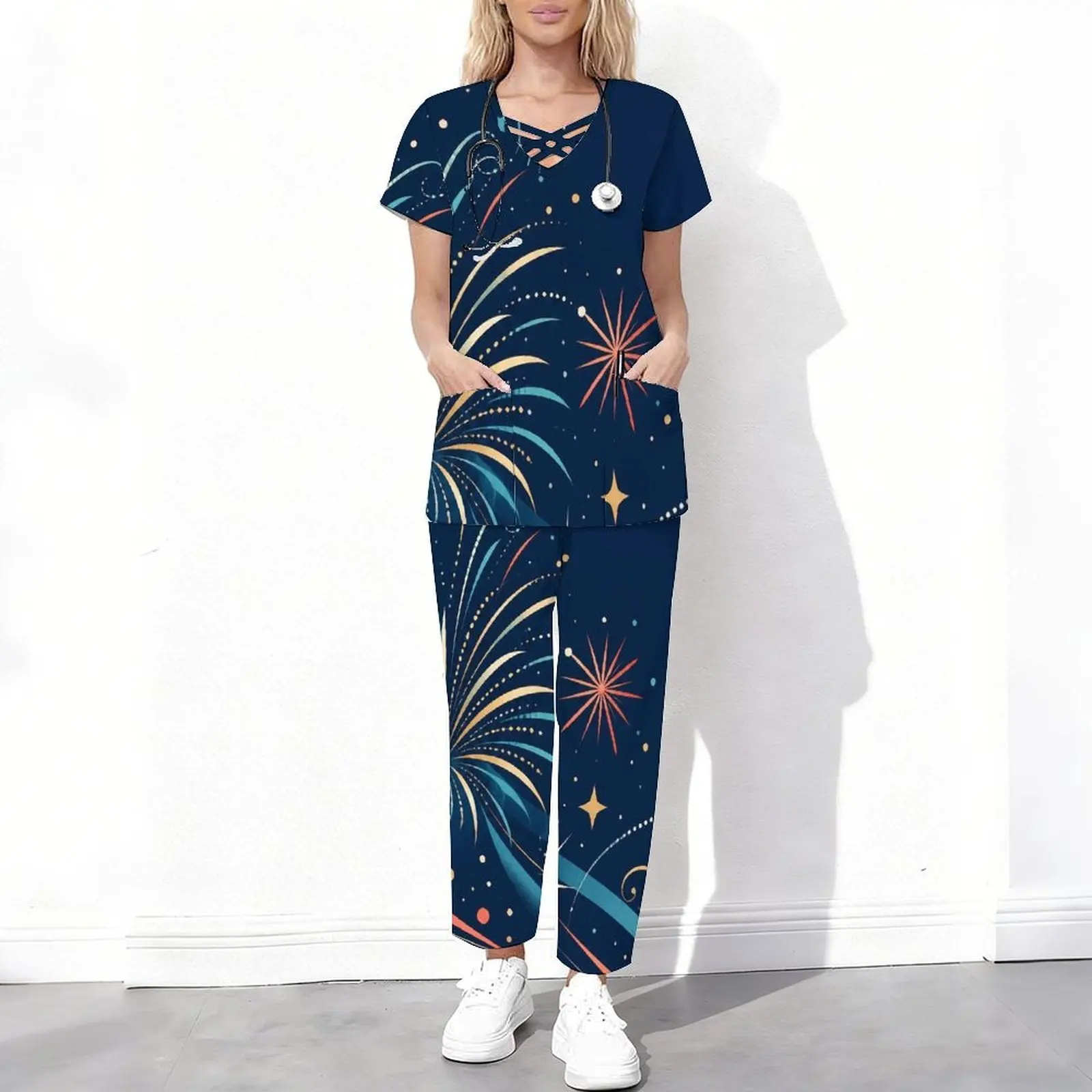 Women Navy Star Printed Cutout Neck Short Sleeve Scrub Set 2 Piece Top and Long Pants