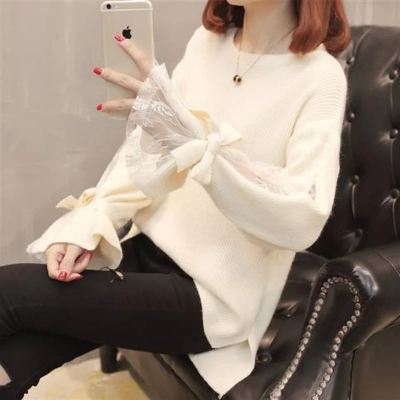 Lazy Style Spliced Bow Flap Sleeve Pullover Round Neck Spring and Autumn New Loose Knitted Sweater