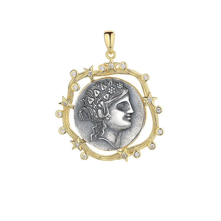 

JS ZFSILVER S925 Sterling Silver Fashion Bacchus Dionysus Gold Ancient Coin Necklace Pendant Without Chain Women Wedding Jewelry