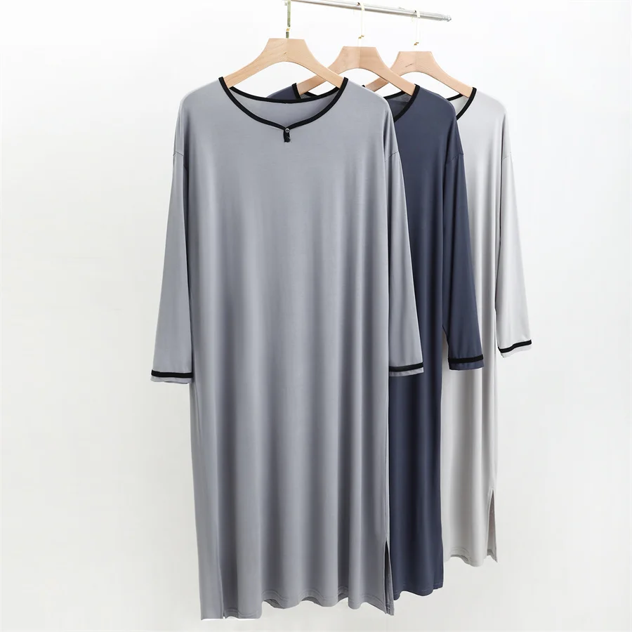 2024 Spring Summer Men Modal Shower Robes Long Sleeve Pajamas Mid-length Thin Bathrobe Plus Size Man Loose Homewear Sleep Dress