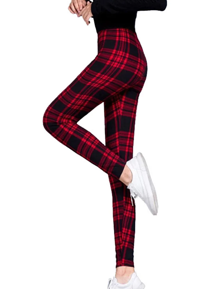 YSDNCHI Push Up Leggings Workout Trousers Women Plaid Print Fashion Polyester Elastic Waist Jeggings Fitness Pencil Pants