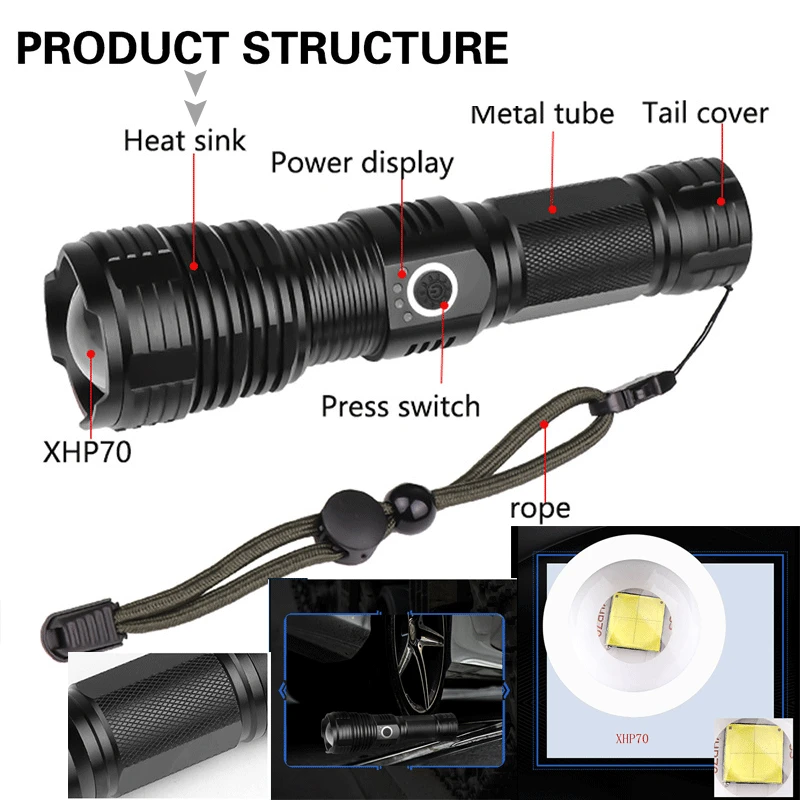 2020Newest Most Powerful XHP70.2 LED Flashlight XHP50 USB Zoom Torch with18650 26650 Rechargeable Battery Hunting Lamp for Camp