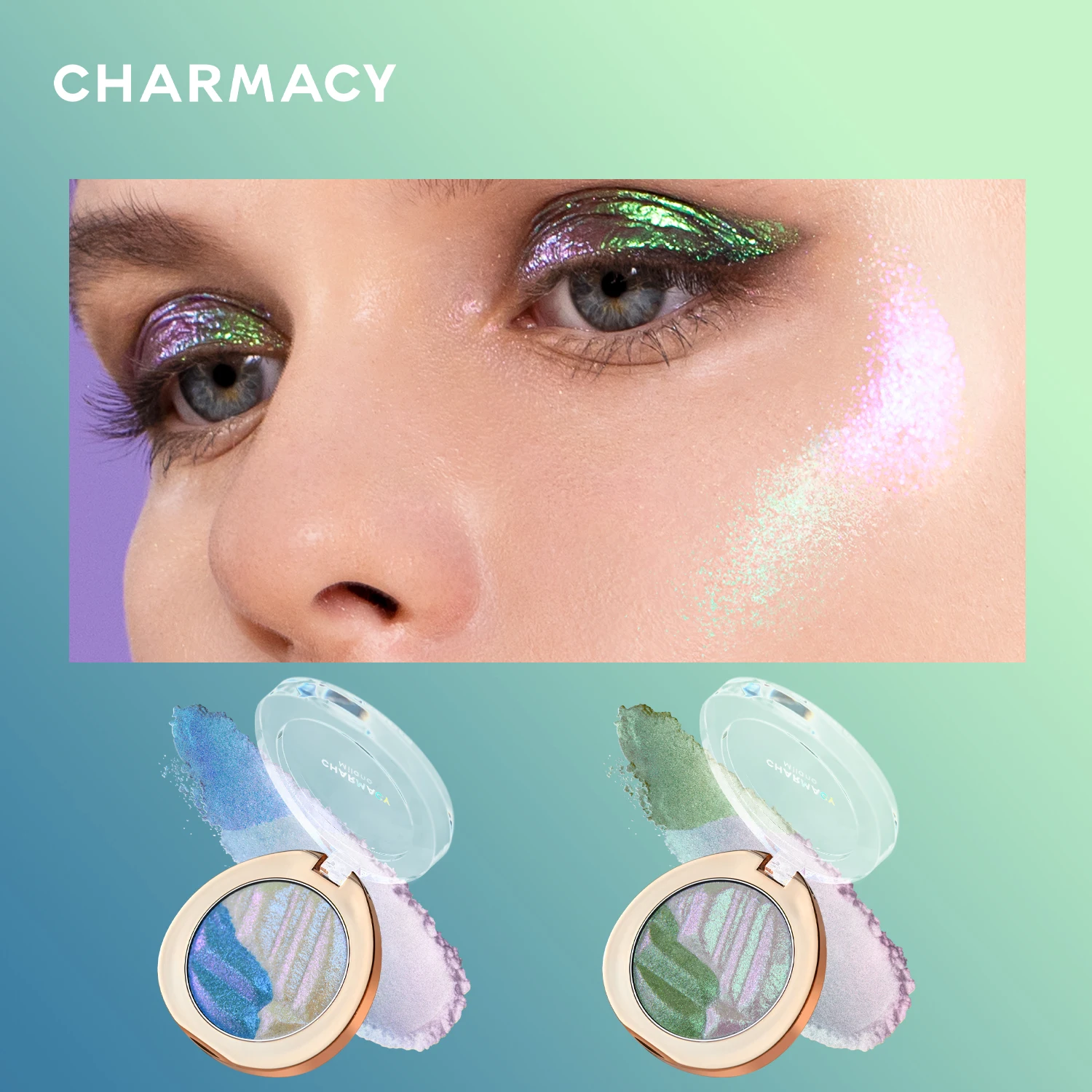 CHARMACY Glitter Duochrome Highlighter Powder Brighten Pigment Highlight Long Lasting 3D Diamond Shiny Face Makeup 8 Color