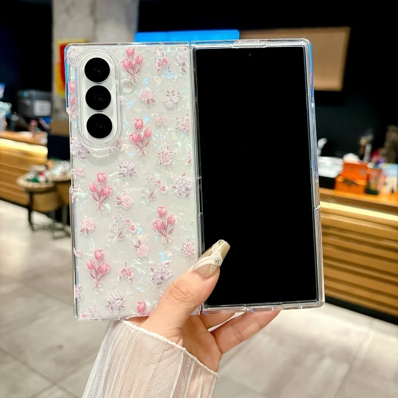 Tulip Floral Glitter Clear Case For Samsung Z Fold8 Ultra Fold7 Fold6 Fold5 Fold4 Shockproof Foldable Women Phone Cover
