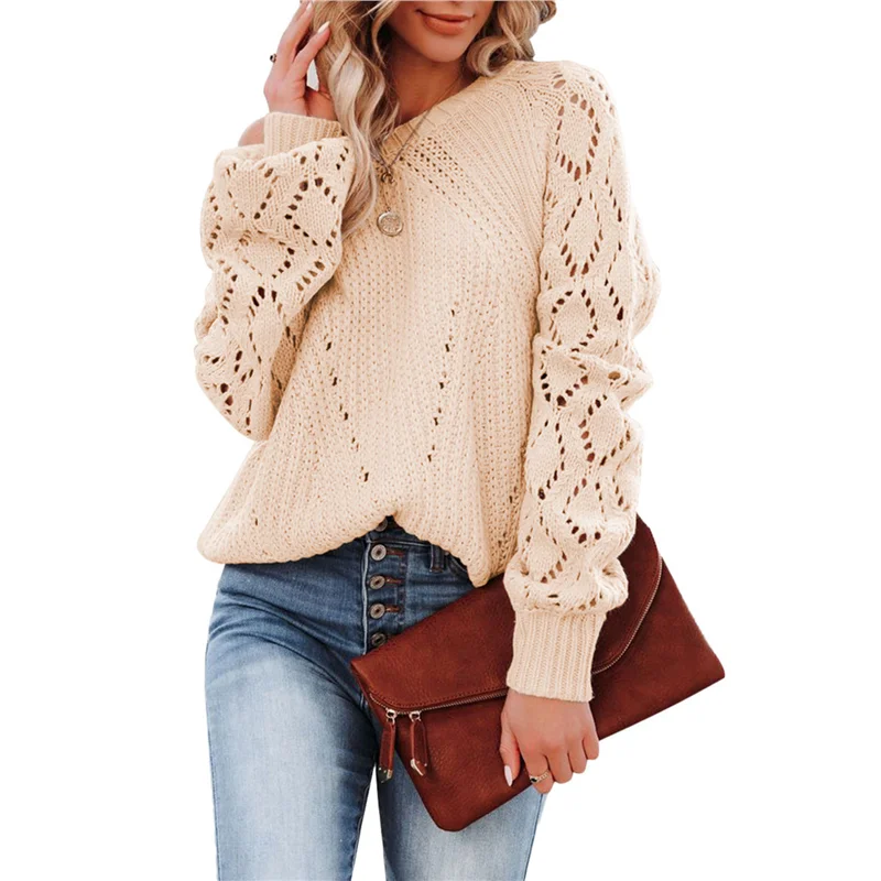 

Loose Women's round Ne Sweater Hollow Pattern Pure Color Autumn Winter New Sle Sweet Sle Long Sve Knitted Top