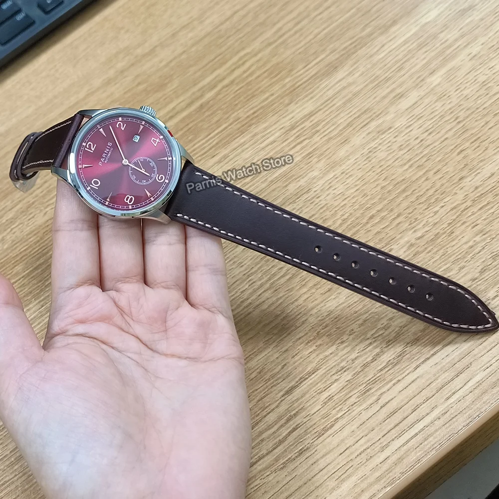 Parnis 41.5มม. นาฬิกาข้อมือแบบลำลองสำหรับผู้ชายสายหนังสีน้ำตาล