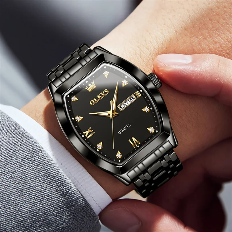 

OLEVS новые роскошные черные стальные часы Tonneau корпус 30 м водонепроницаемые мужские часы светящиеся дата кварцевые мужские часы reloj hombre