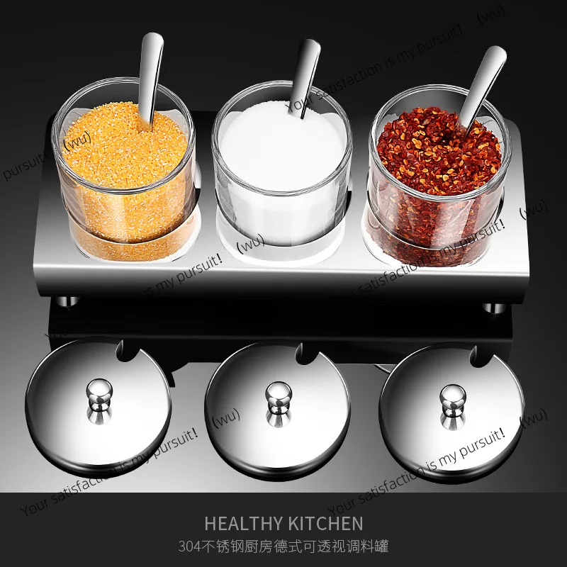 304 stainless steel seasoning tank kitchen thickened seasoning tank with spoon moisture-proof sealed seasoning tank combination