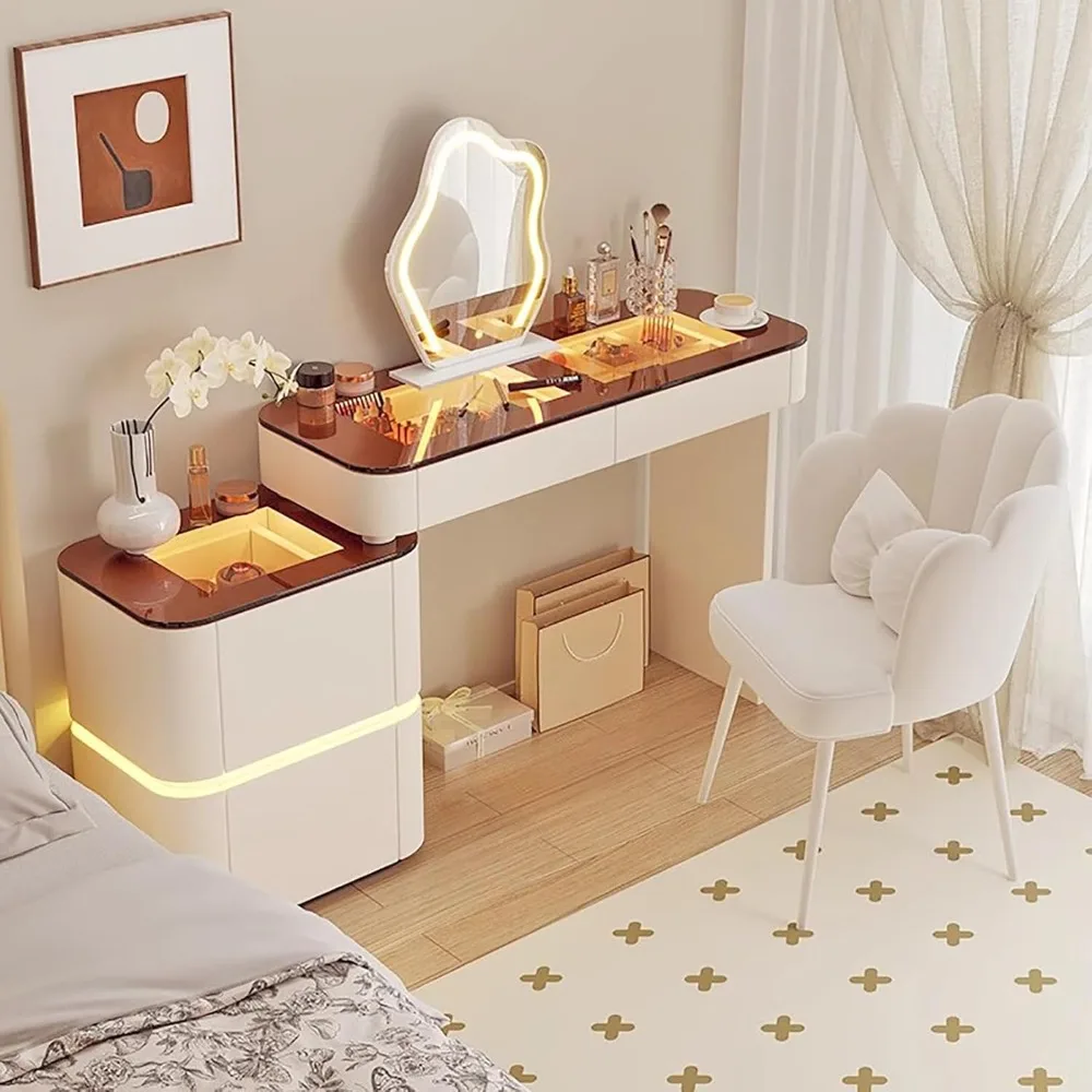 

Modern LED Makeup Desk Vanity Table with Mirror and Stool, Drawers, Modern Glass Top Dressing Table with LED Lights, Adjustable