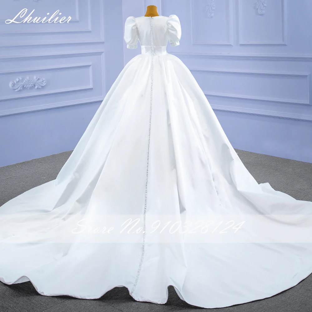 Lhuilier Customized V Neck Ball Gown Satin Wedding Dresses Short Puff Sleeves Bridal Gown with Chapel Train