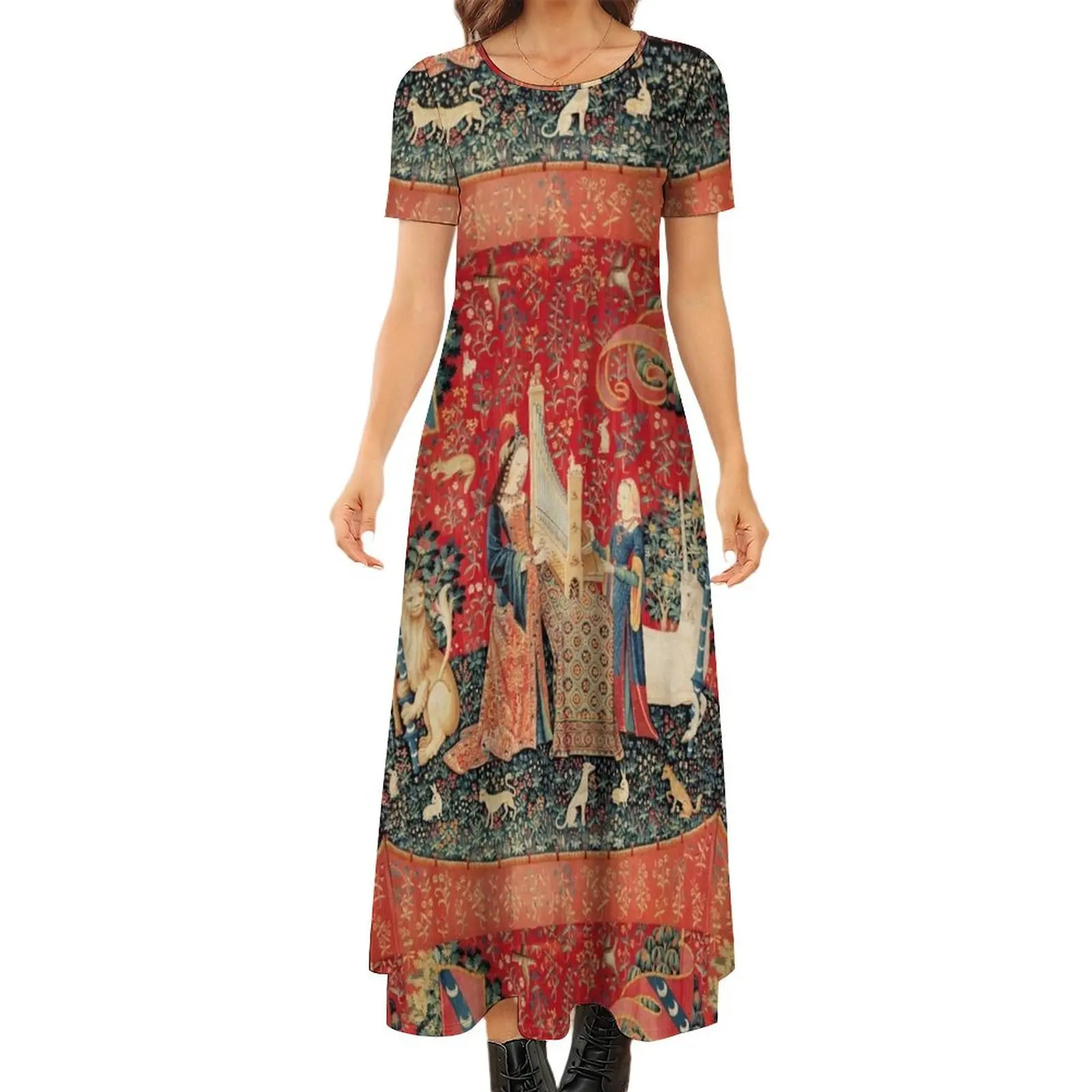 

UNICORN AND LADY PLAYING ORGAN WITH ANIMALS , Hearing Round Neck Short Sleeve Dress evening dress woman Clothing