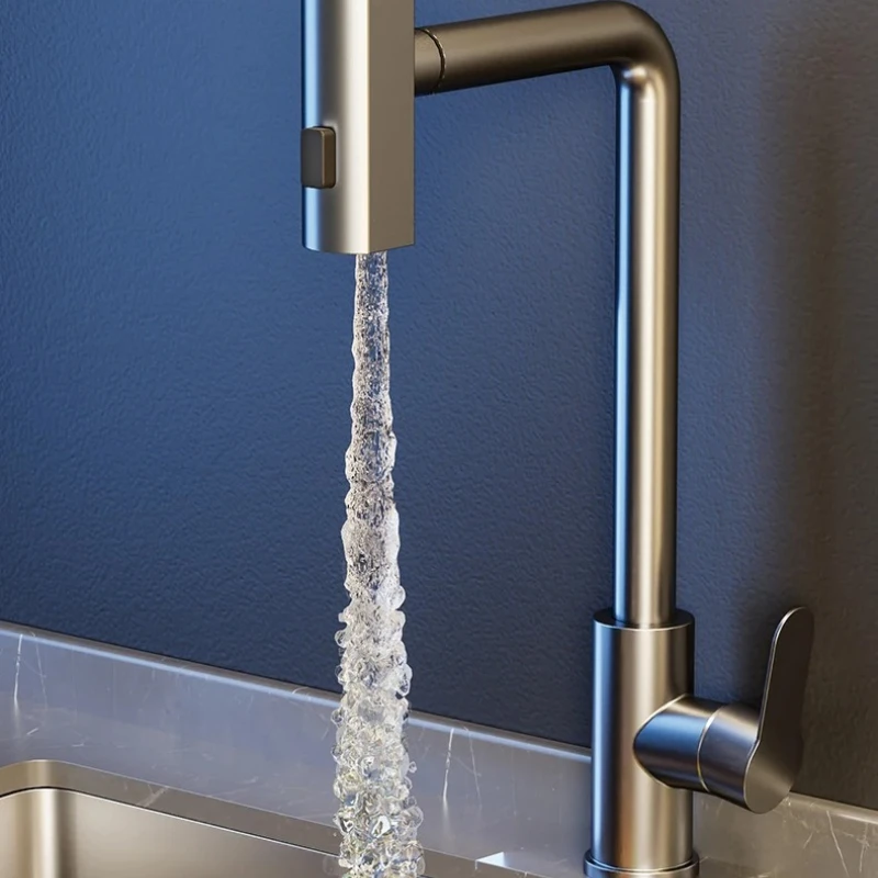 ‌Retractable Brass Faucet - Pull-Down Cold/Hot Mixer, No-Spill Spray for Laundry & Dishwashing Sink, Solid Copper Finish