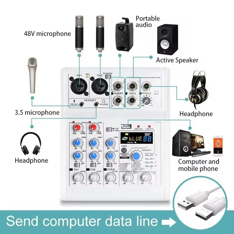 URX E4  USB interface 4 channel mini audio mixer console home karaoke computer recording DSP digital effects