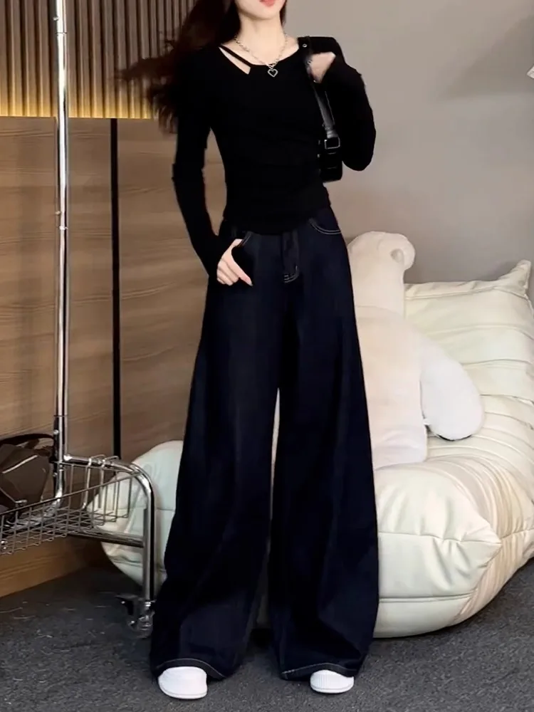 

Футболки с длинными рукавами, женские богемные хлопковые топы, свободная посадка, синий подол с рюшами, удобная дышащая ткань, осень-зима, повседневная одежда