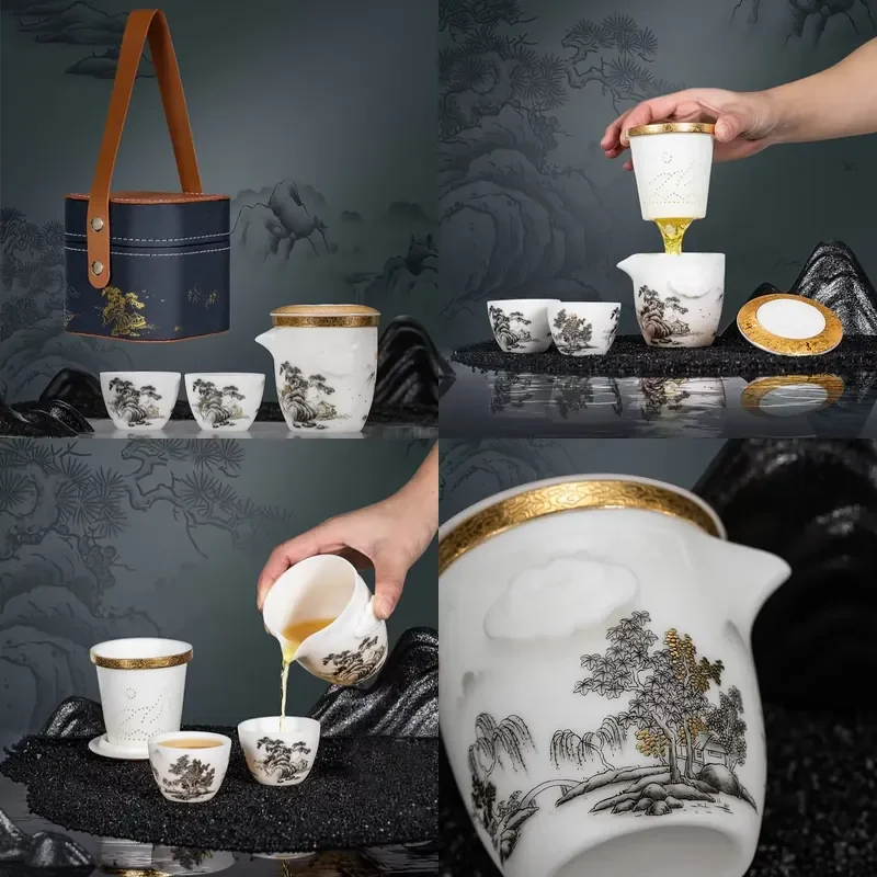 【CHIMU HOME】 Portable Outdoor Kung Fu Set One Pot Two Cups Plain Burning Ice Jade Porcelain for Travel with Suit Gift Box