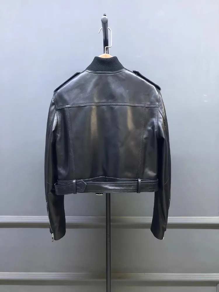 Herbst Frauen Motorrad Biker Weiche Schaffell Echtes Leder Jacke Zipper O Neck Arbeit Cargo Jacke Mode Winddicht Punk Mäntel