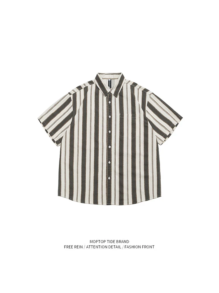 

Mr. WH Vintage Vertical Stripes Short Sleeve Casual Shirt Men Summer Couple Outerwear Loose Fit Youthful Polyester Fiber
