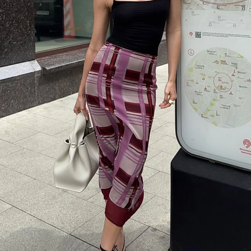 

Talenza Plaid Print Skirt Women's Sexy Contrast Patchwork High Waist Back Zipper Bottom Slit Skirt Female Fashion Casual Skirts