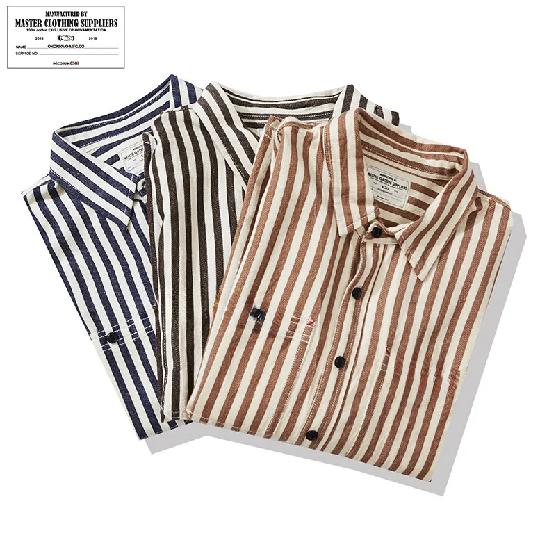 

New Men's Vertical Striped irt American Retro Workwear Long Sve Slim Fit Silk Cotton Youth Autumn Thiened Square Collar