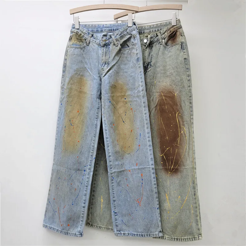 DEAT Women's Jeans High Waist Distressed Tie Design Splashing Dyeing Design Straight Denim Pants 2025 New Fashion Spring 29L9626