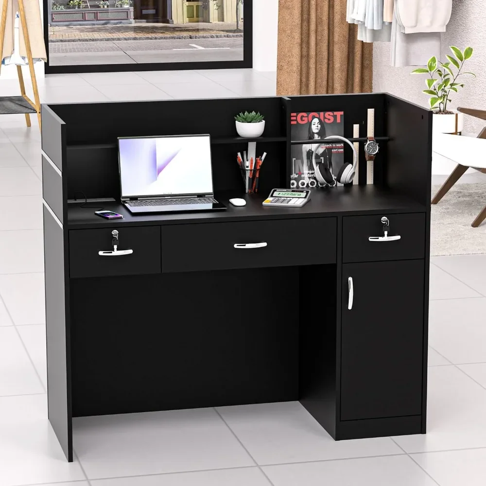 Reception desk, equipped with storage cabinets and shelves, 48 inch checkout counter, suitable for lobby, office, reception desk