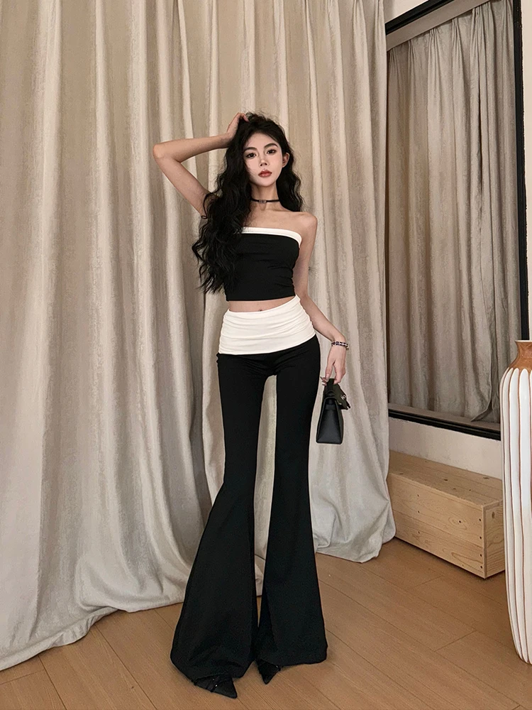 

Комплект в американском стиле для девушек: летний черно-белый топ-бюстье и расклешенные брюки для йоги с высокой талией, утягивающие фигуру, из двух частей