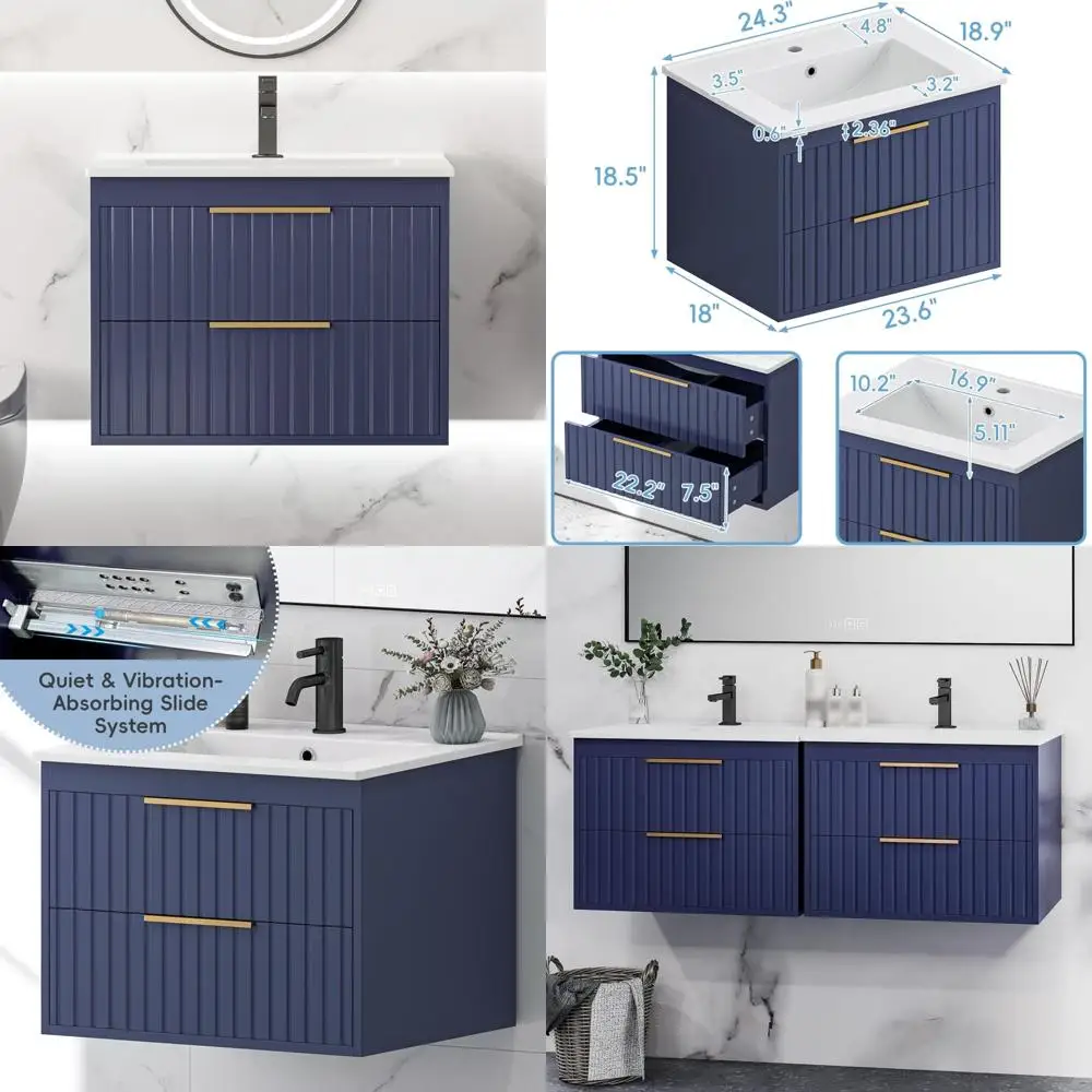 

24 inch wall-mounted floating vanity with dual drawers and gold handles for bathroom