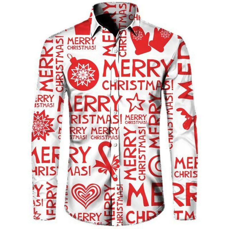 Merry Christmas Tree Pattern Hawaiian Shirts For Men Fireworks 3D Printed Blouse Casual Loose Aloha Shirts Long Sleeves Tops