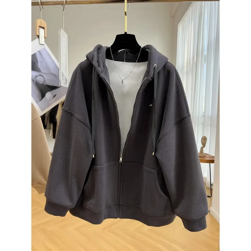 Modisches, einfarbiges, samtverdicktes Kapuzen-Sweatshirt für Damen, Herbst und Winter, fauler Stil, Strickjacke mit Reißverschluss, vielseitige Jacke