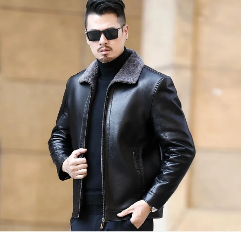 

Men's Fur One Casual Thickened Motorcycle Jacket Mens Fashion Leather Jacket Male Plus Cashmere Sheep Leather Jacket Short Coat