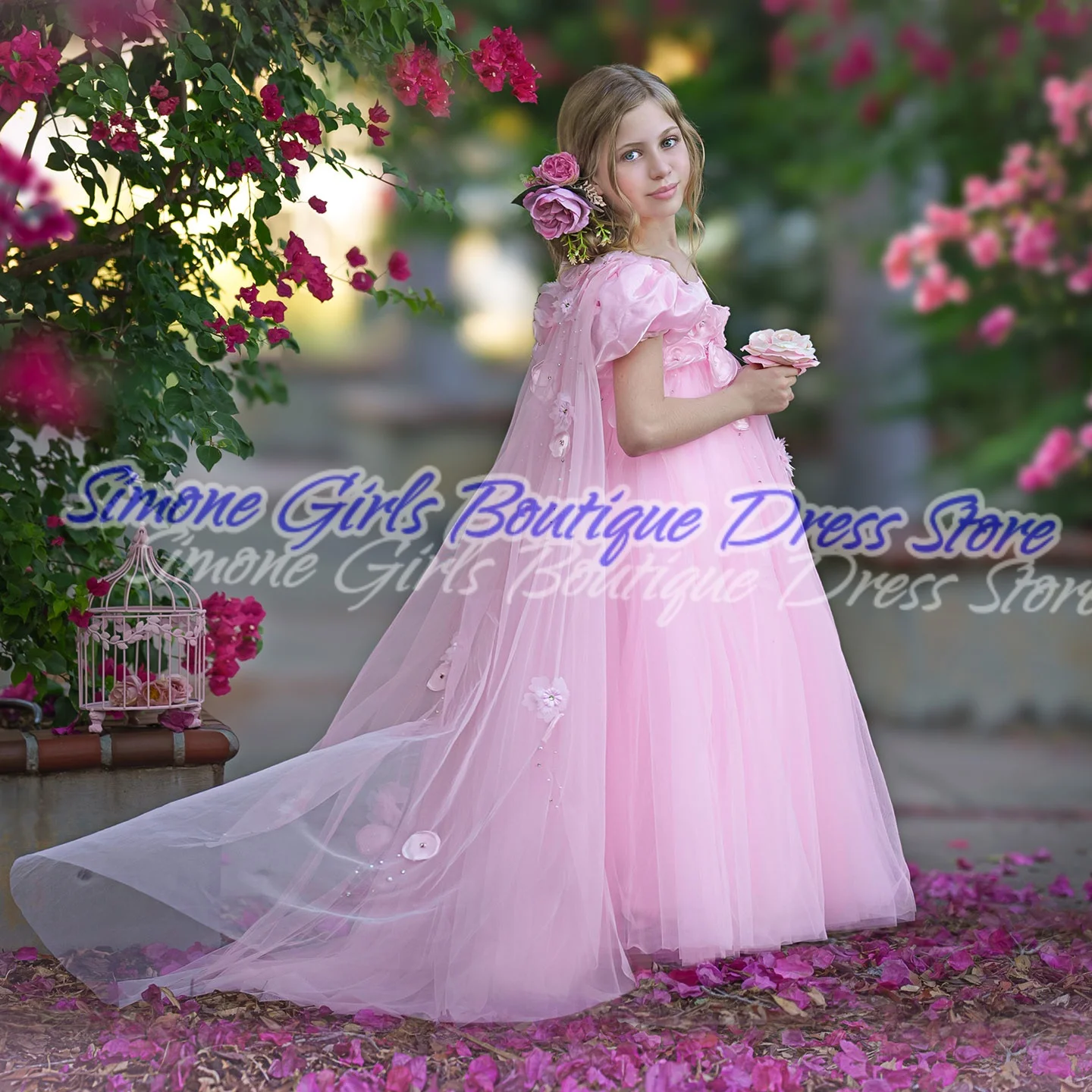 Pearl Appliques Puff sleeves Pink princess dress Flower Girl Dress for Birthday party Dance Performances Wedding Ceremonies